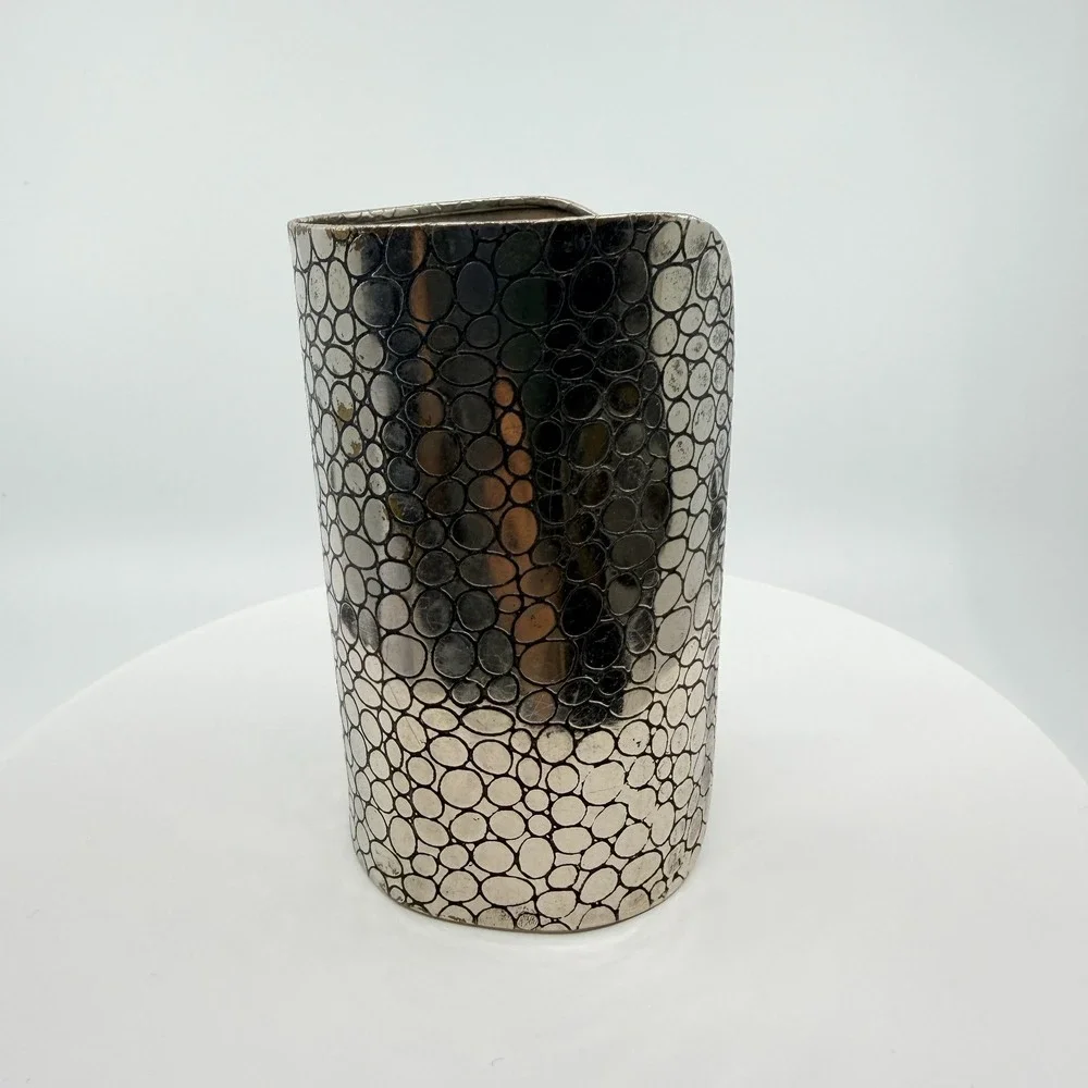 Vintage Silver Tone Tall Cuff Bracelet Embossed Pebble Pattern Modernist‎ Retro